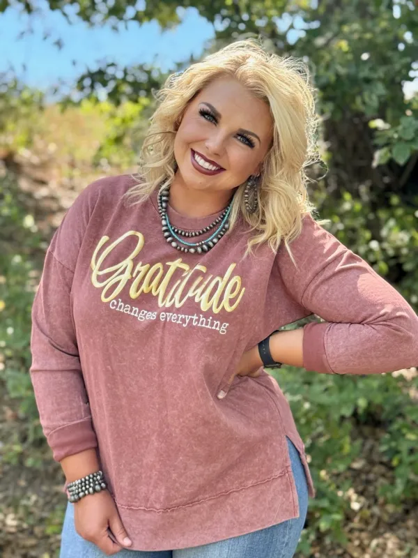 Gratitude is Everything on Clay Mineral Wash Top sold by The Dogwood Boutique