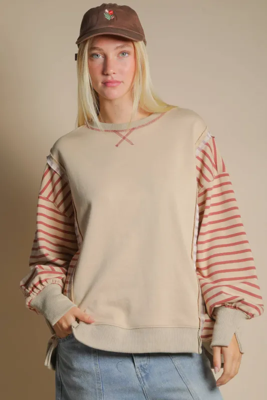Beige Oversized Striped Casual Knit Top sold by The Dogwood Boutique