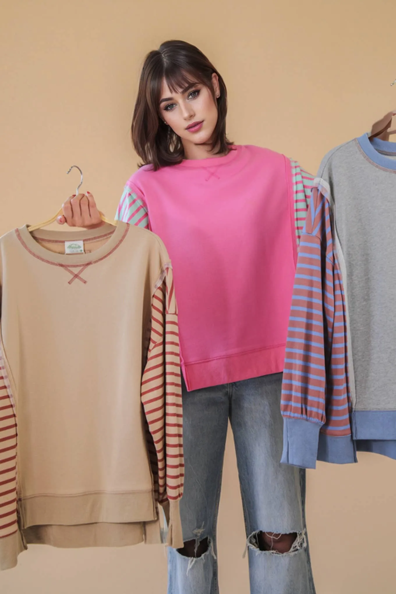 Beige Oversized Striped Casual Knit Top sold by The Dogwood Boutique product image thumbnail 5