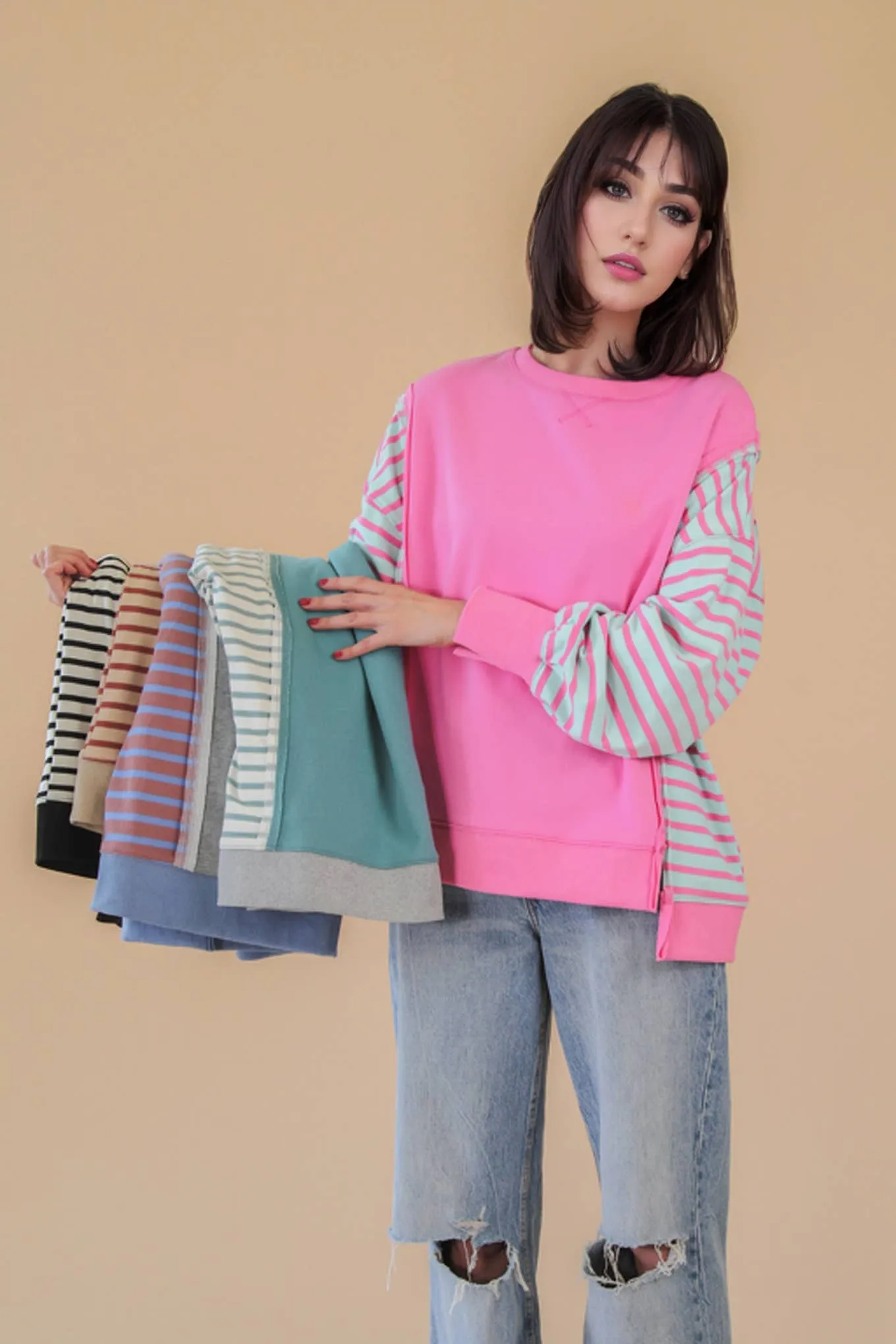 Beige Oversized Striped Casual Knit Top sold by The Dogwood Boutique product image thumbnail 4