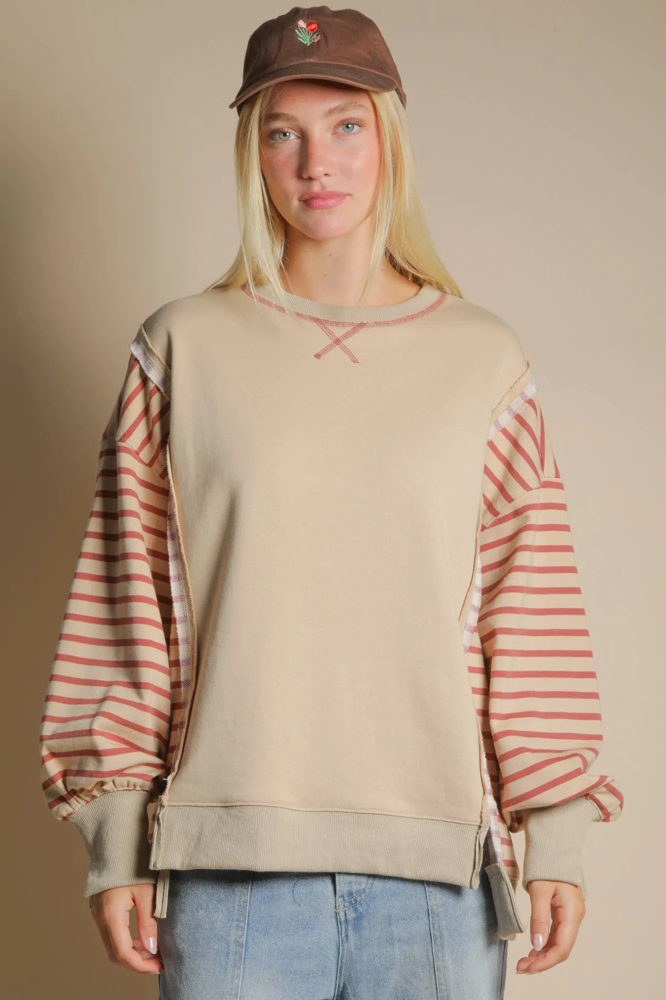 Beige Oversized Striped Casual Knit Top sold by The Dogwood Boutique product image thumbnail 2