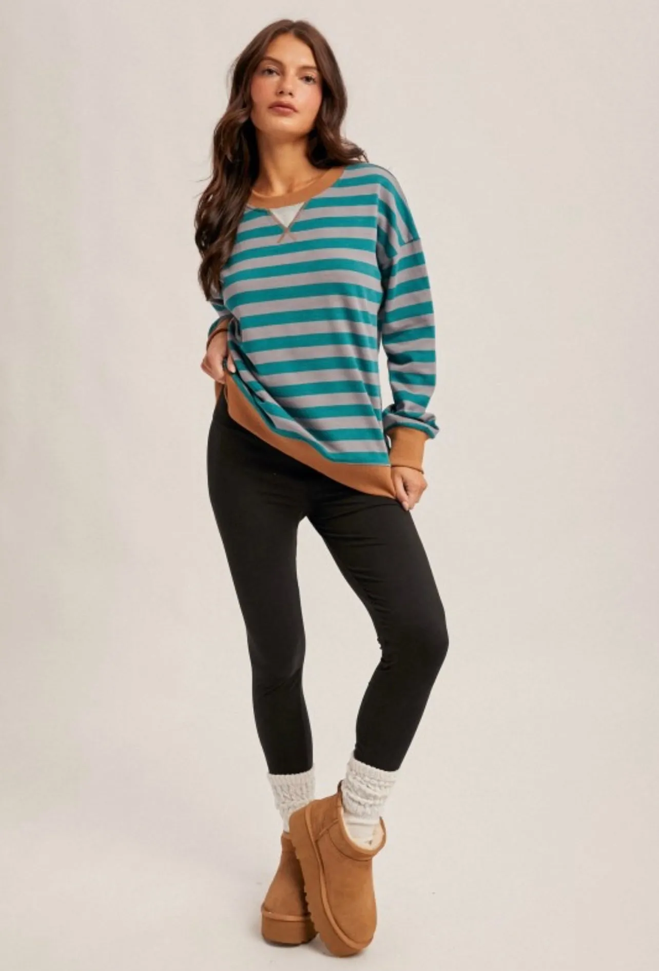 Teal Contrast Stripe Oversized Shirt sold by The Dogwood Boutique product image thumbnail 2