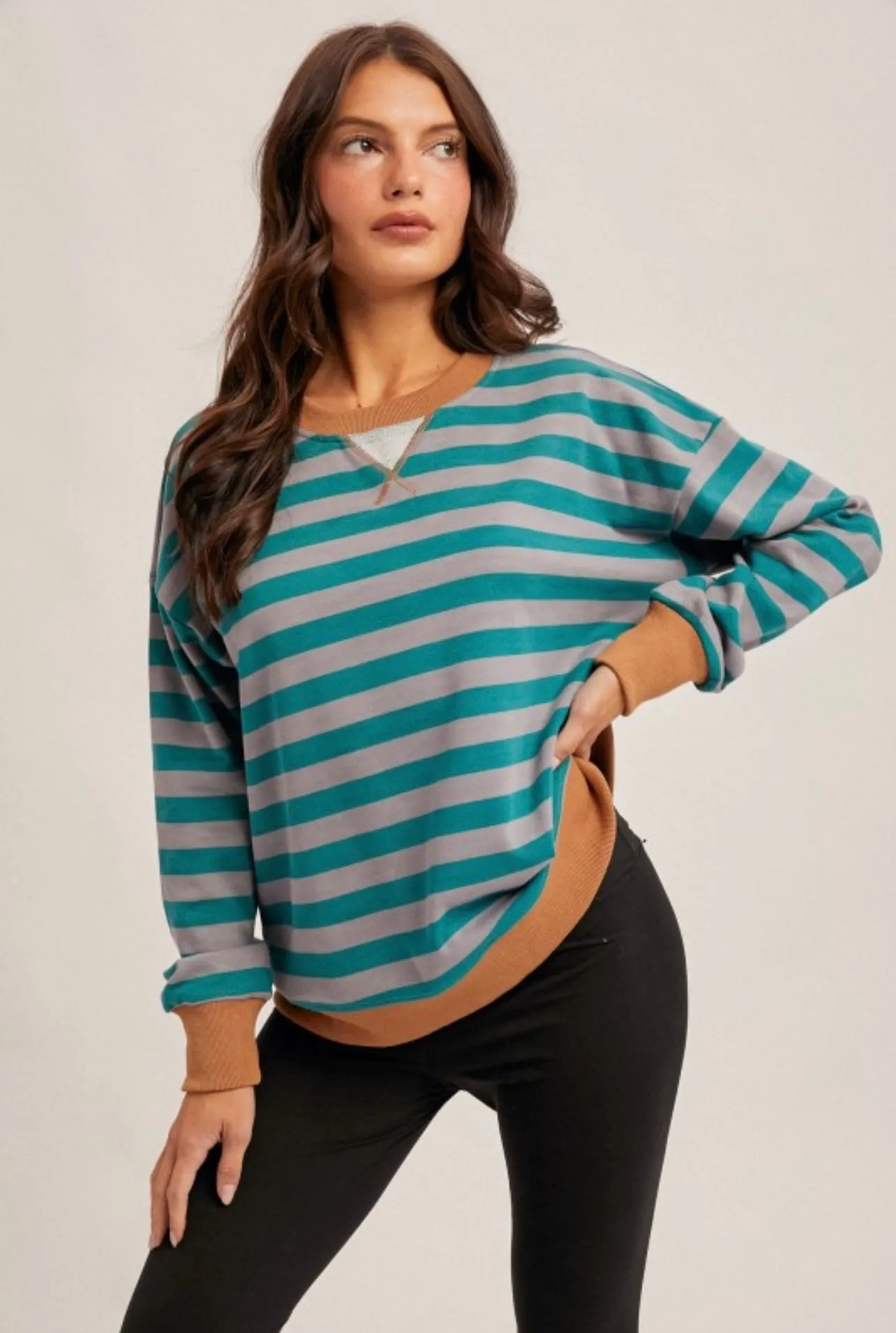 Teal Contrast Stripe Oversized Shirt sold by The Dogwood Boutique