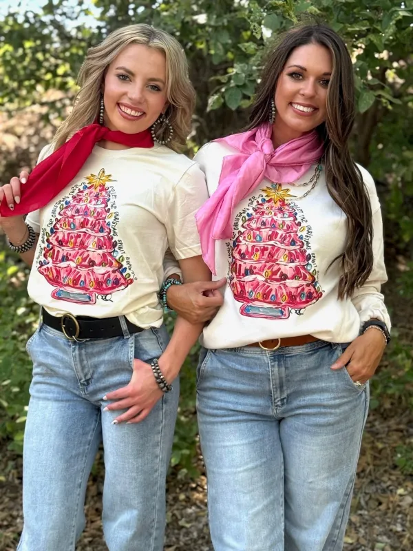 Callie Ann Stelter Pink Christmas Tree Tee & Sweatshirt sold by The Dogwood Boutique