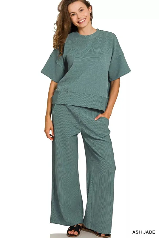 Zenana Ribbed Round Neck Tee & Pants Set sold by The Dogwood Boutique
