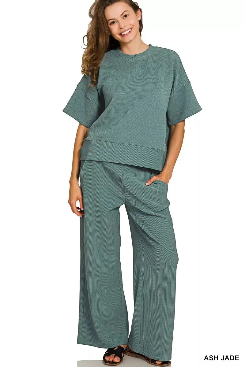 Zenana Ribbed Round Neck Tee & Pants Set sold by The Dogwood Boutique