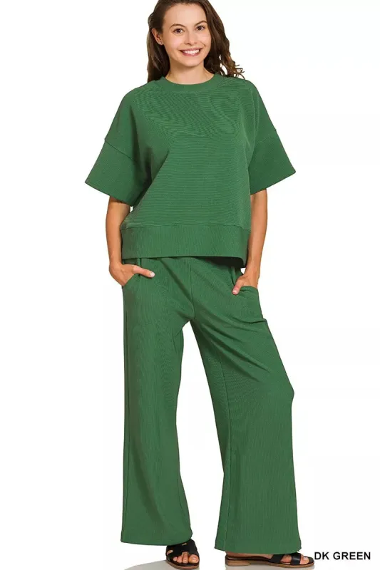 Zenana Ribbed Round Neck Tee & Pants Set sold by The Dogwood Boutique