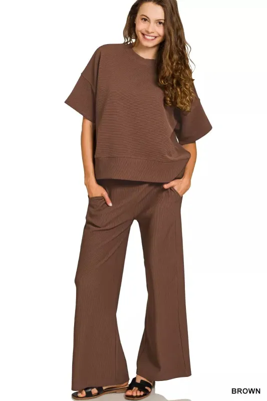 Zenana Ribbed Round Neck Tee & Pants Set sold by The Dogwood Boutique