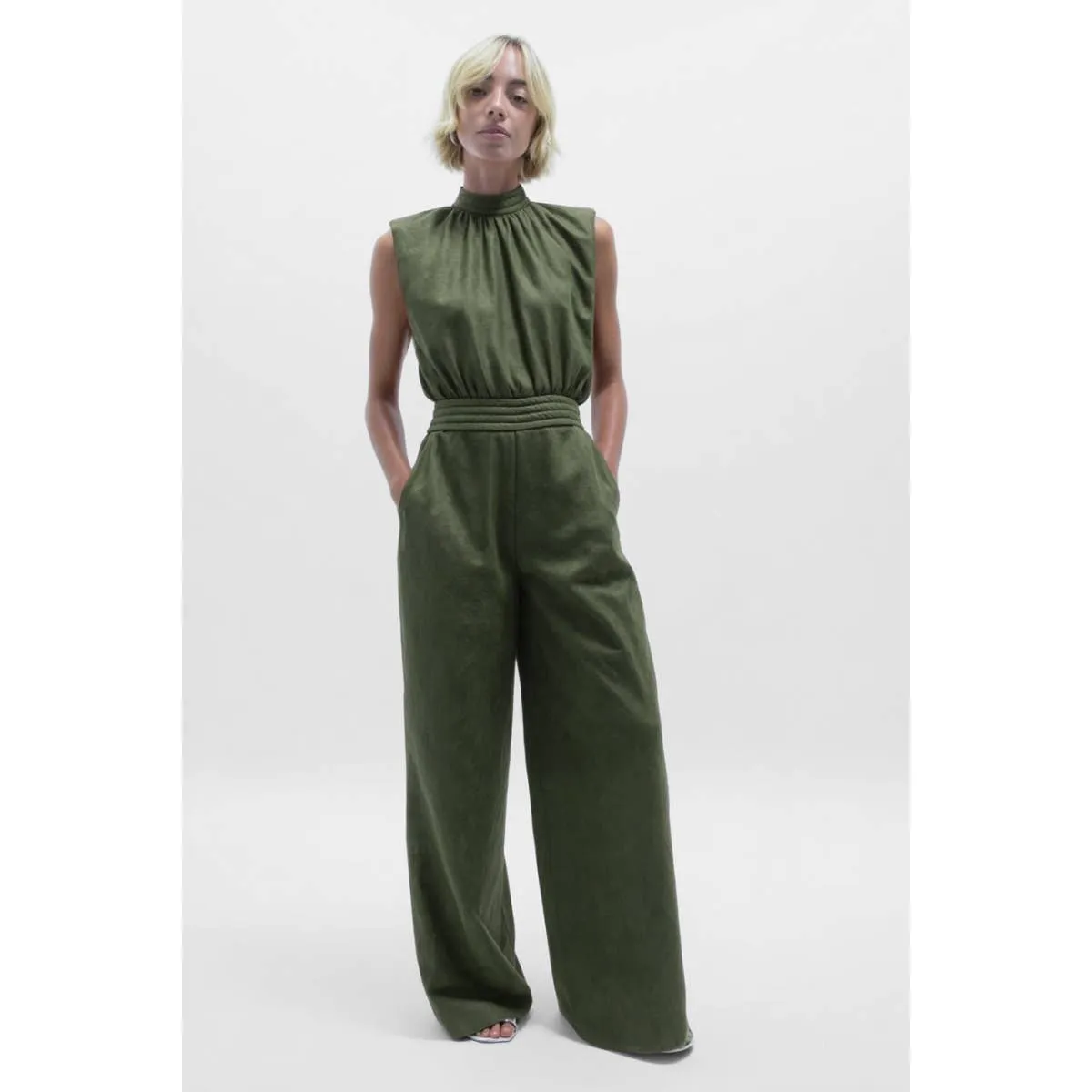 Olive High Neck Cinched Waist Jumpsuit sold by The Dogwood Boutique