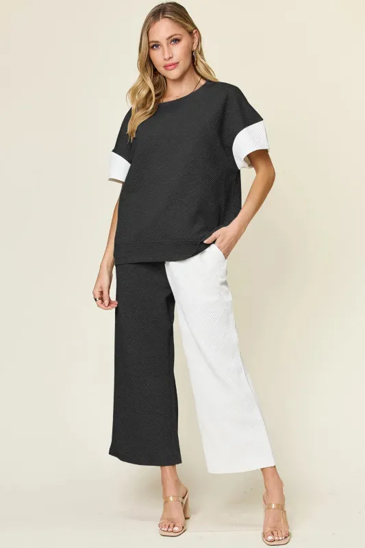 Double Take Full Size Texture Contrast T-Shirt and Wide Leg Pants Set sold by The Dogwood Boutique
