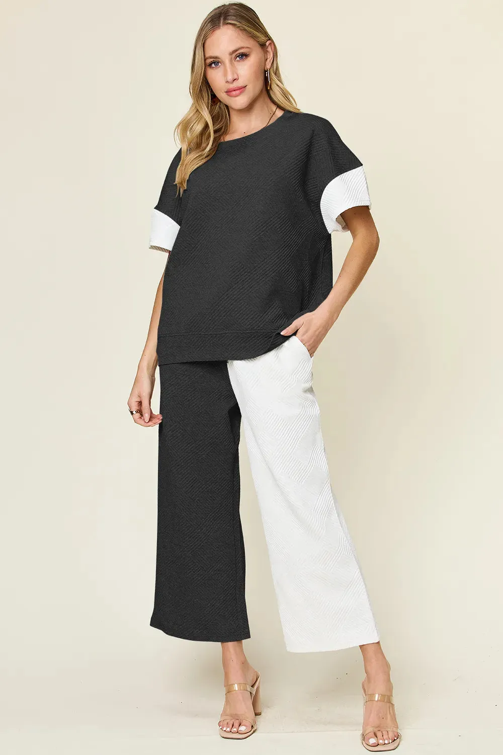 Double Take Full Size Texture Contrast T-Shirt and Wide Leg Pants Set sold by The Dogwood Boutique