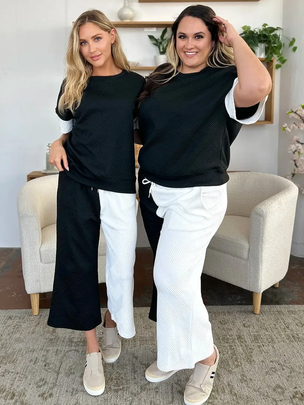 Double Take Full Size Texture Contrast T-Shirt and Wide Leg Pants Set sold by The Dogwood Boutique product image thumbnail 5