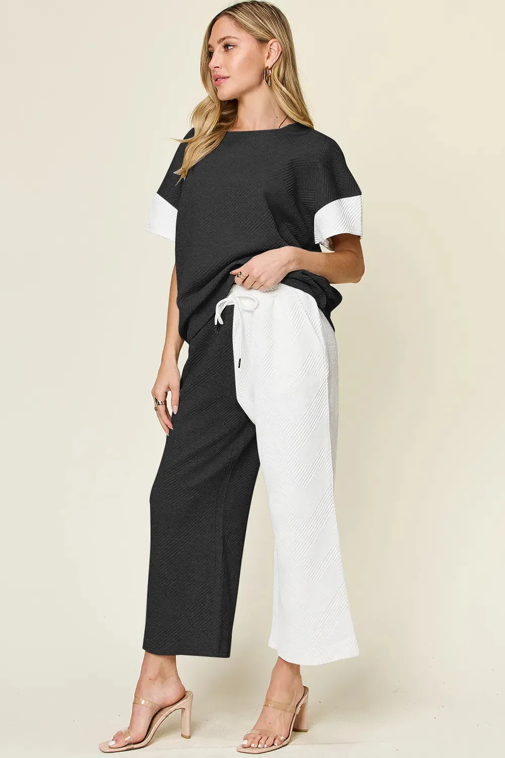 Double Take Full Size Texture Contrast T-Shirt and Wide Leg Pants Set sold by The Dogwood Boutique product image thumbnail 2