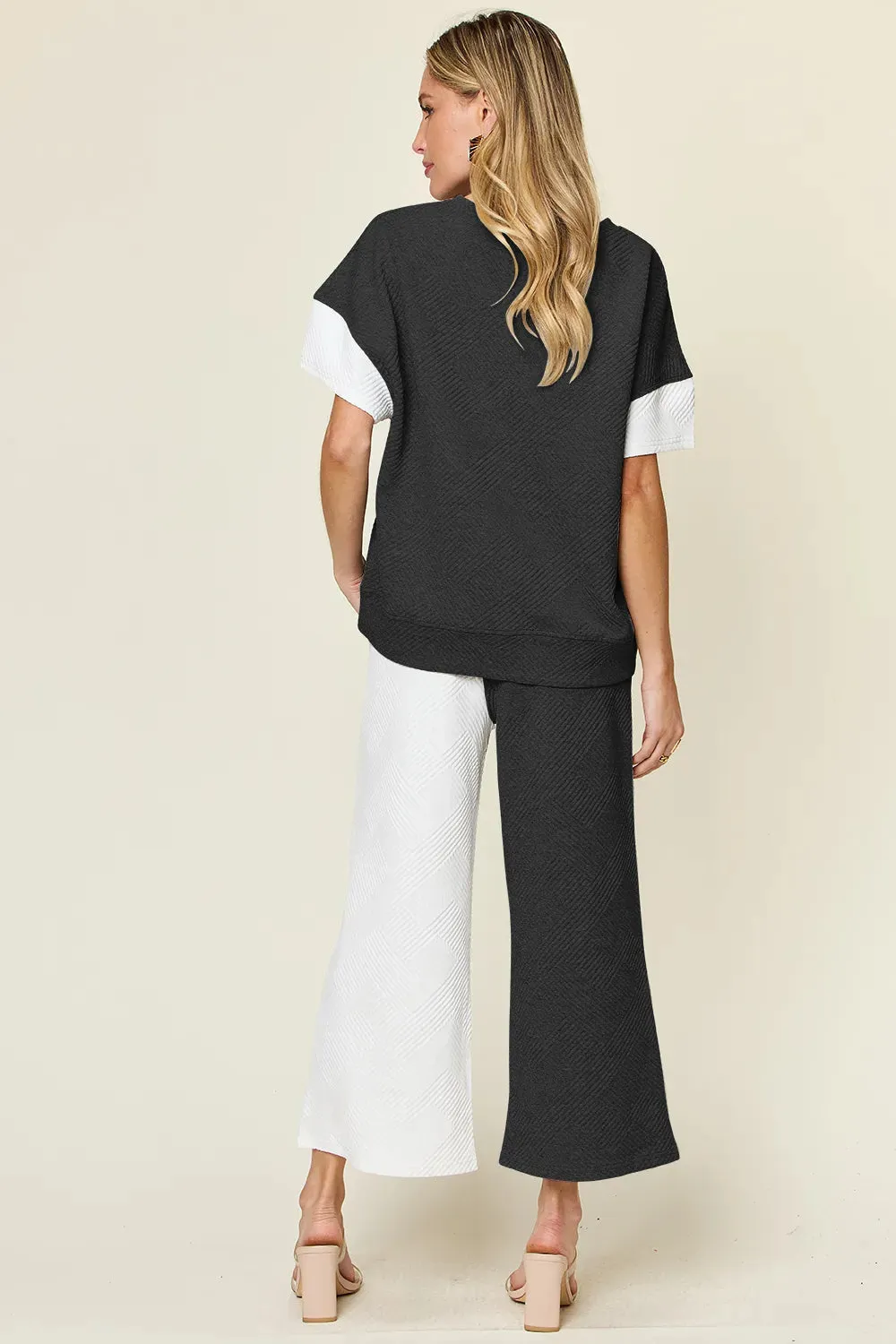 Double Take Full Size Texture Contrast T-Shirt and Wide Leg Pants Set sold by The Dogwood Boutique product image thumbnail 3