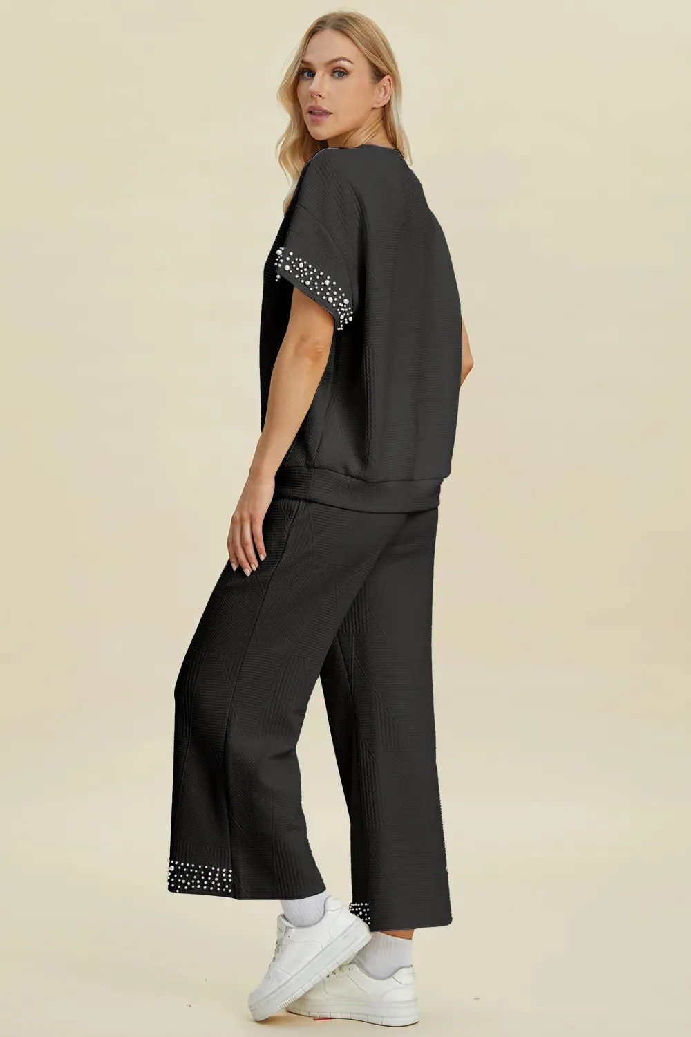 Double Take Full Size Pearl Detail Round Neck Top and Pants Set sold by The Dogwood Boutique product image thumbnail 3