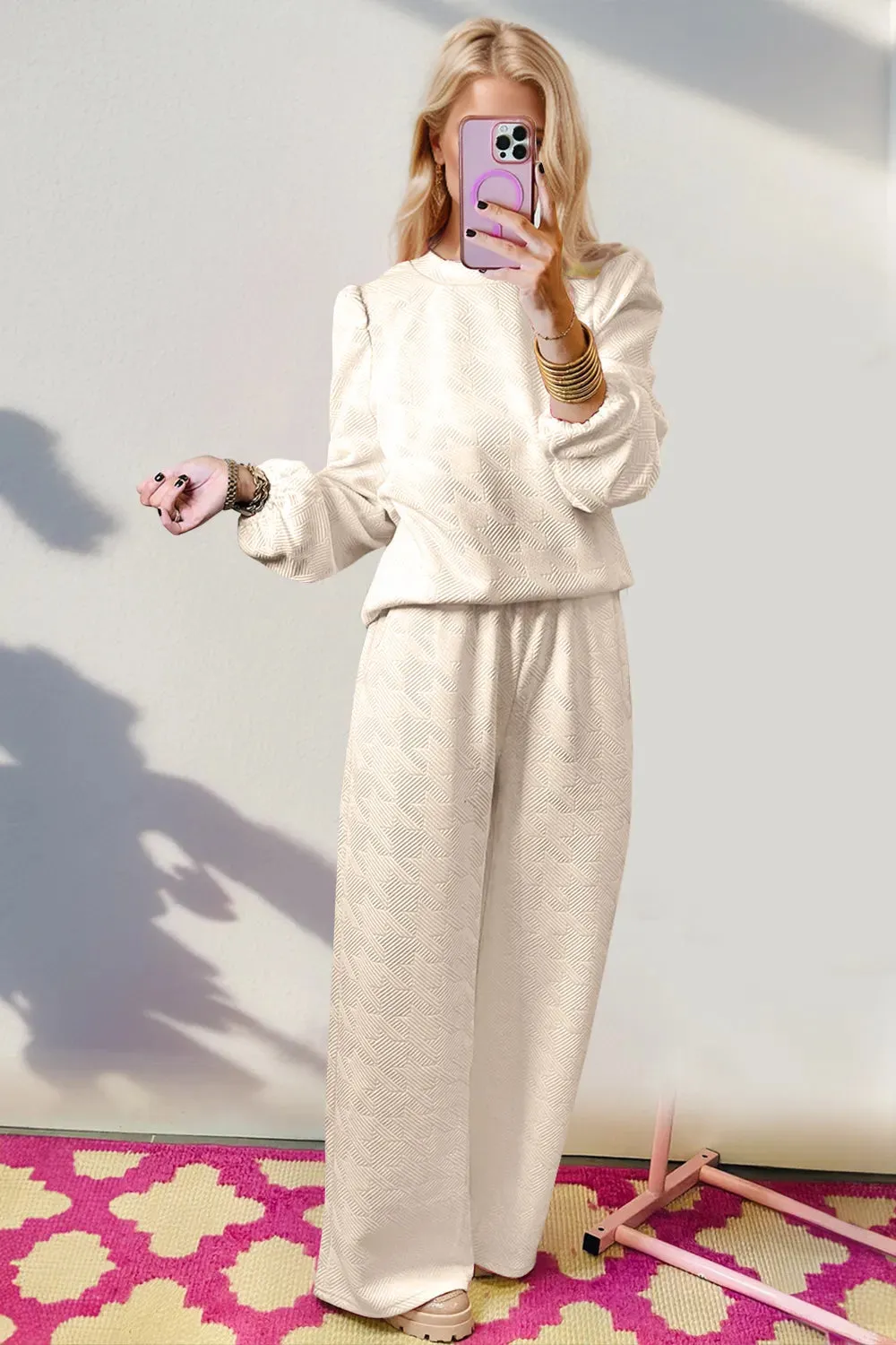 Double Take Texture Long Sleeve Top and Wide Leg Pants Set sold by The Dogwood Boutique product image thumbnail 3