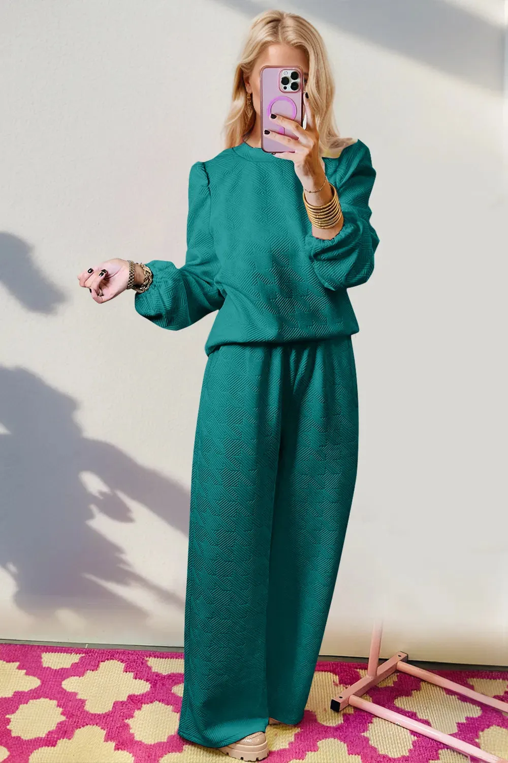 Double Take Texture Long Sleeve Top and Wide Leg Pants Set sold by The Dogwood Boutique product image thumbnail 4