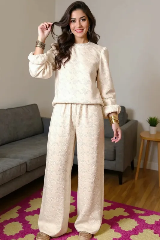 Double Take Texture Long Sleeve Top and Wide Leg Pants Set sold by The Dogwood Boutique