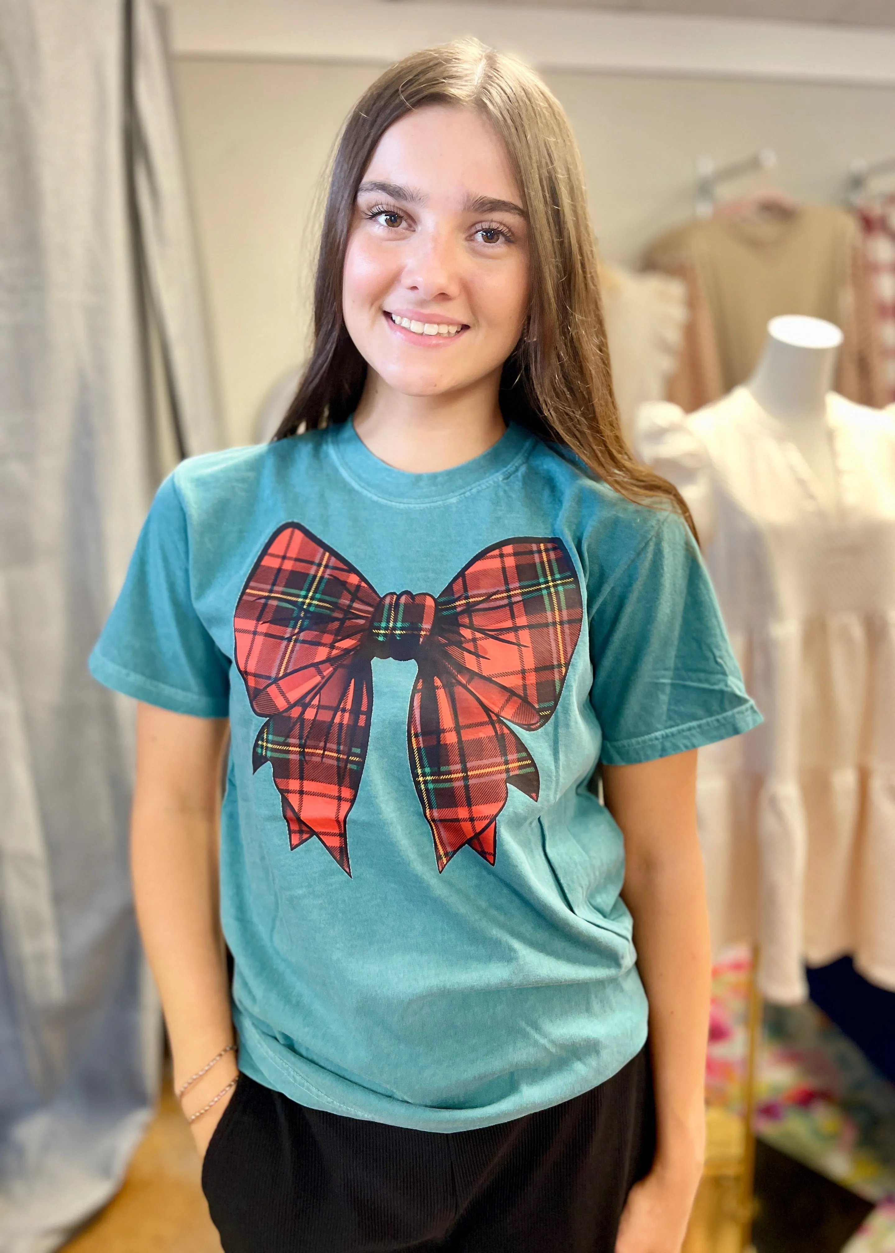 Red Christmas Plaid Bow Tee sold by The Dogwood Boutique