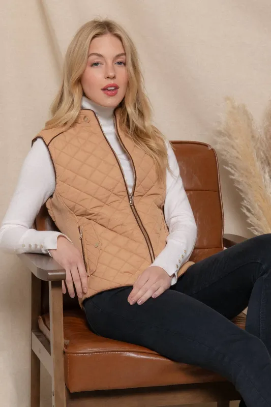 Suede Piping Detail Rib Quilted Padding Vest sold by The Dogwood Boutique