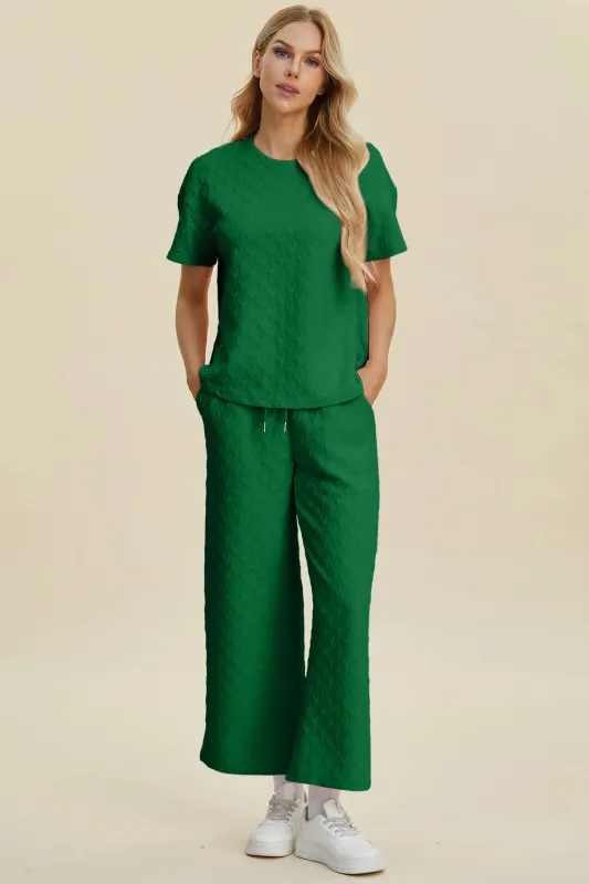 Double Take Full Size Texture Round Neck Short Sleeve Top and Pants Set sold by The Dogwood Boutique