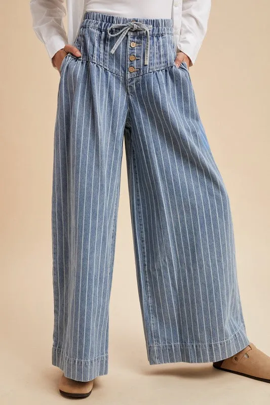Striped Denim Pin Tuck Detail Wide Leg Pants sold by The Dogwood Boutique