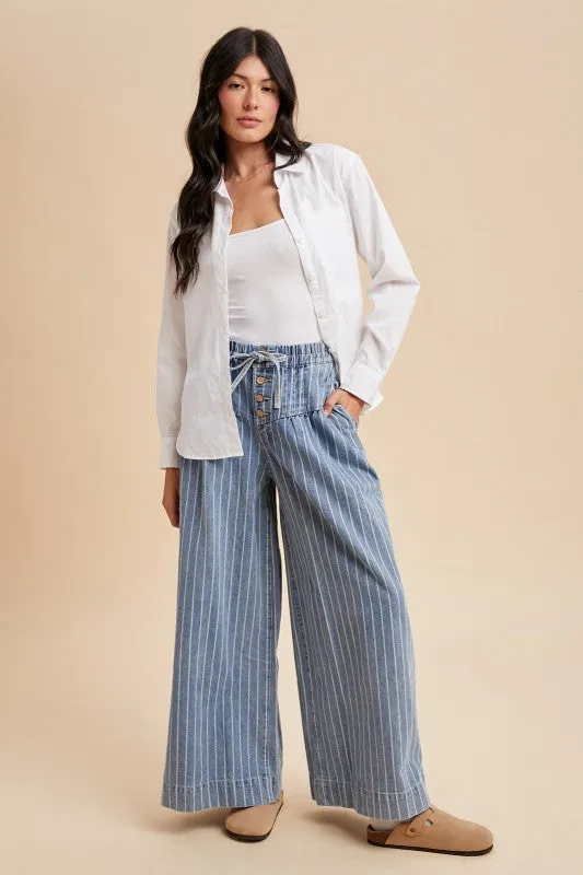 Striped Denim Pin Tuck Detail Wide Leg Pants sold by The Dogwood Boutique product image thumbnail 2