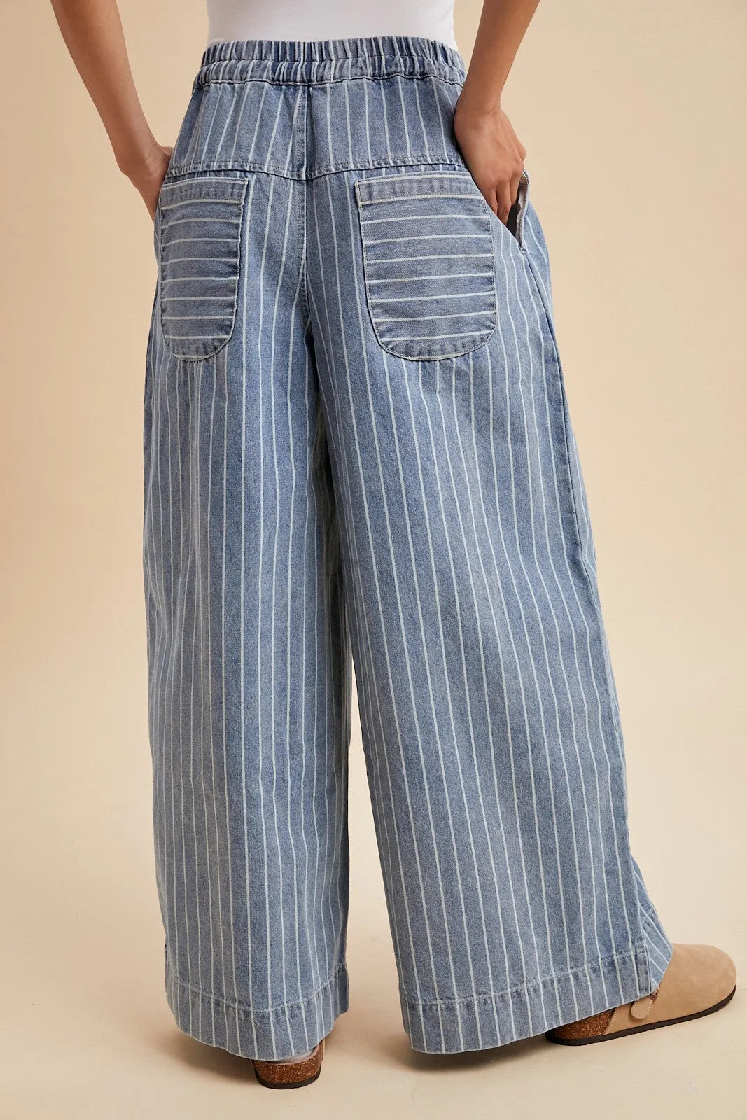 Striped Denim Pin Tuck Detail Wide Leg Pants sold by The Dogwood Boutique product image thumbnail 3