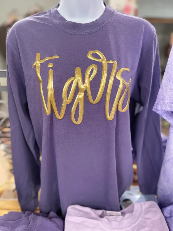 Metallic Gold Tigers Puff Long Sleeve Tee sold by The Dogwood Boutique