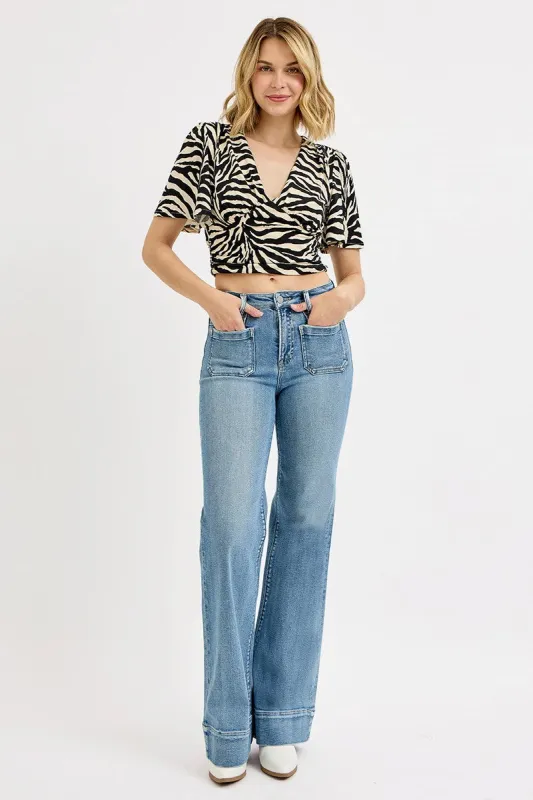 Risen High Rise Wide Flare Patch Pocket Jeans sold by The Dogwood Boutique