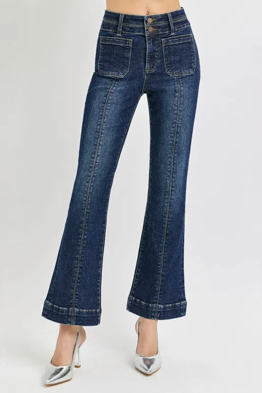 Risen High Rise Ankle Bootcut Double Waistband Front Patch Pocket Jeans sold by The Dogwood Boutique