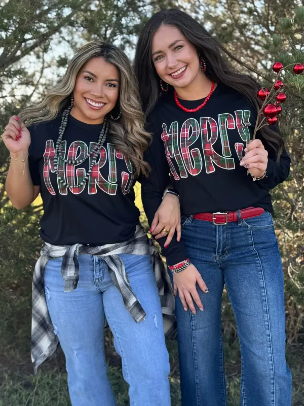 Merry in Red & Green Plaid Tee sold by The Dogwood Boutique