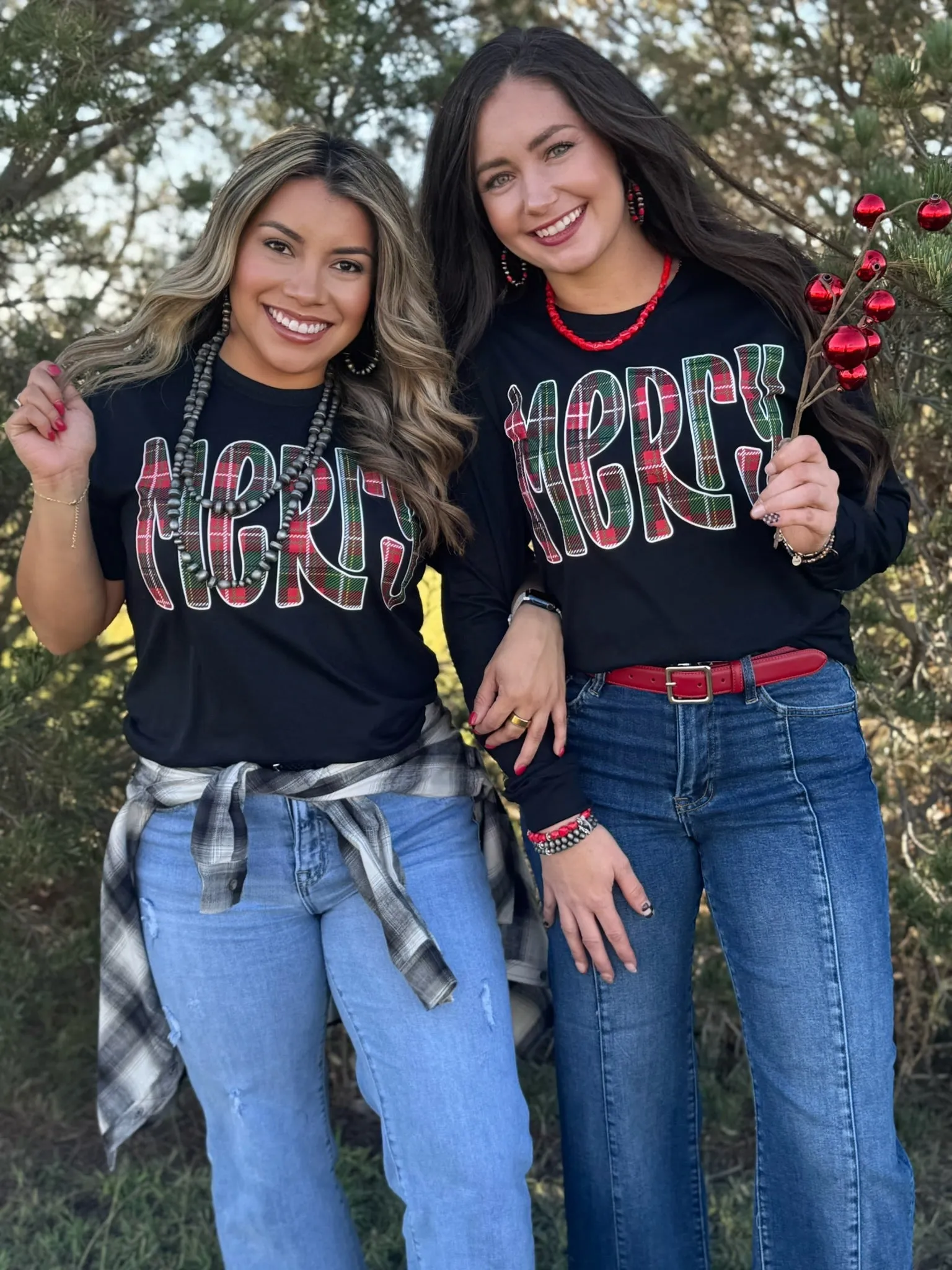 Merry in Red & Green Plaid Tee sold by The Dogwood Boutique