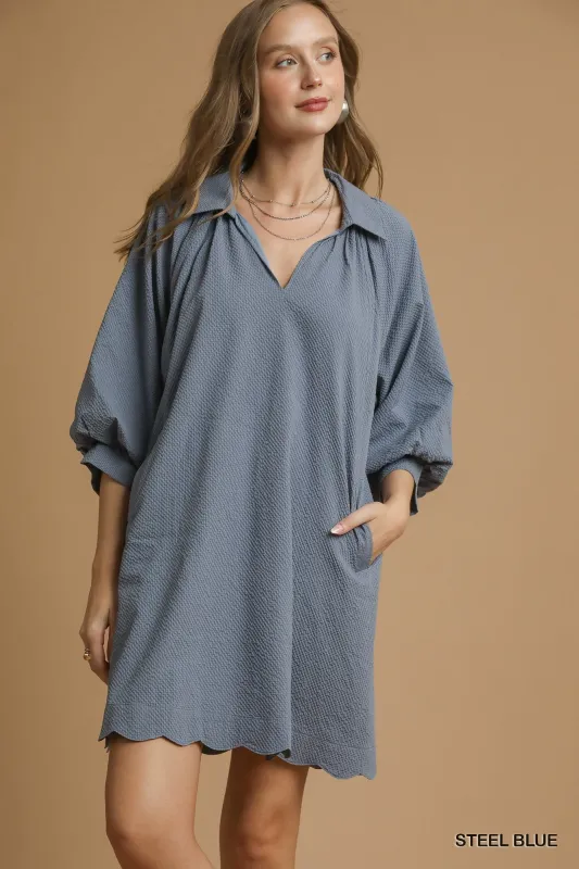 Blue Steel Split V Neck Bubble Sleeve Dress sold by The Dogwood Boutique