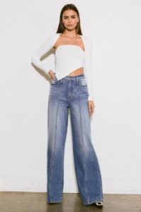 HIGH RISE CENTER LINE WIDE JEANS sold by The Dogwood Boutique