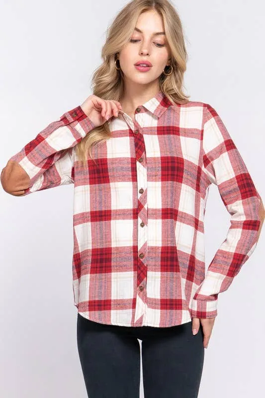Long Sleeve with Suede Patch Button Down Plaid Shirt sold by The Dogwood Boutique