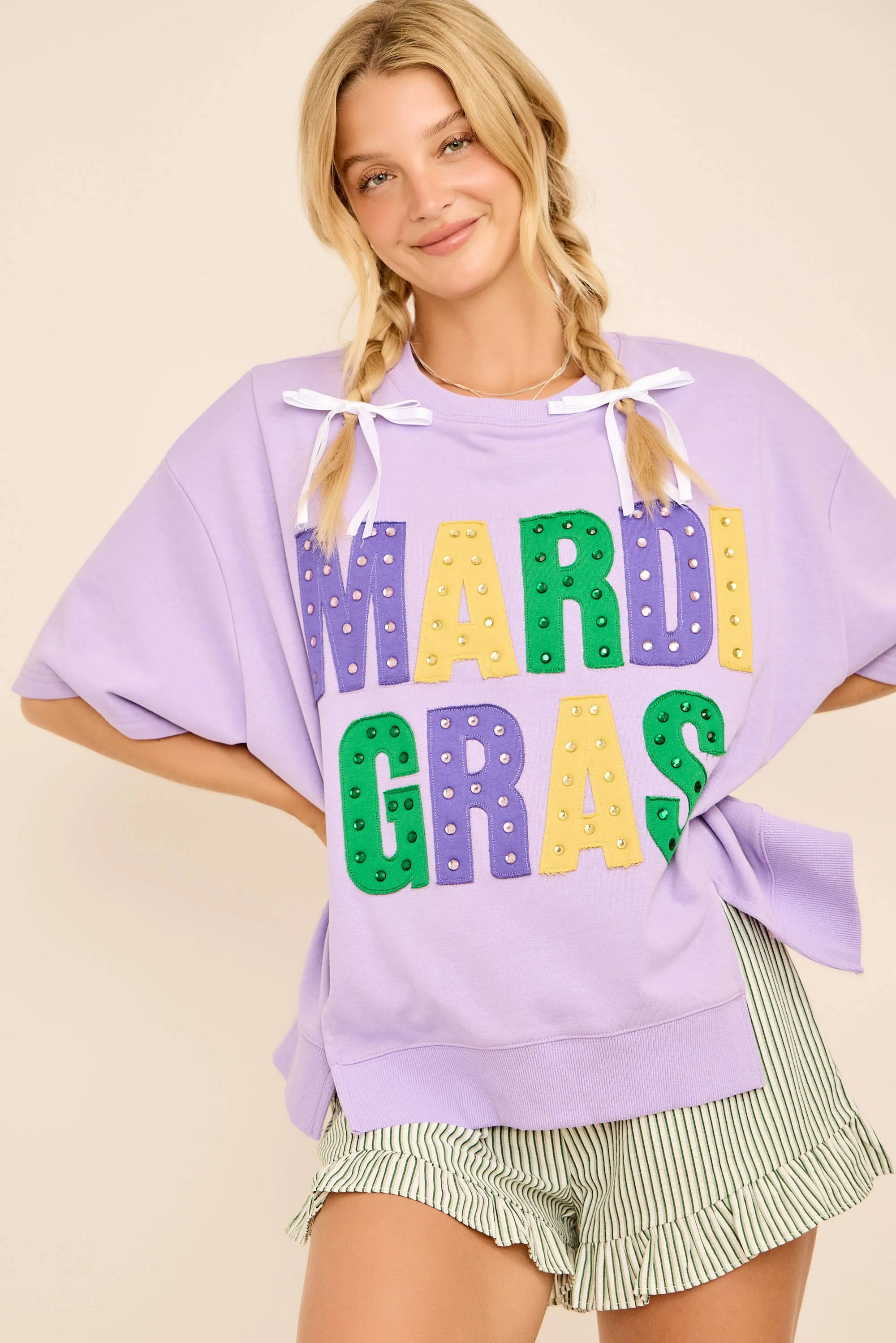 Mardi Gras Oversized Graphic Tee with Stud Details sold by The Dogwood Boutique