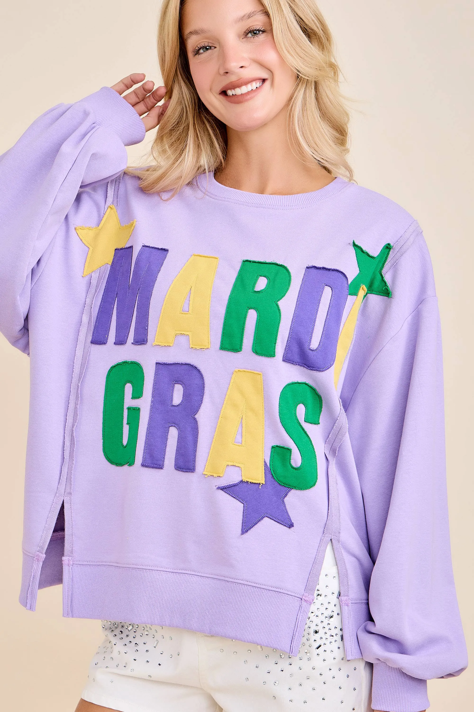 Mardi Gras Patchwork Sweatshirt – Bold Festive Pullover sold by The Dogwood Boutique