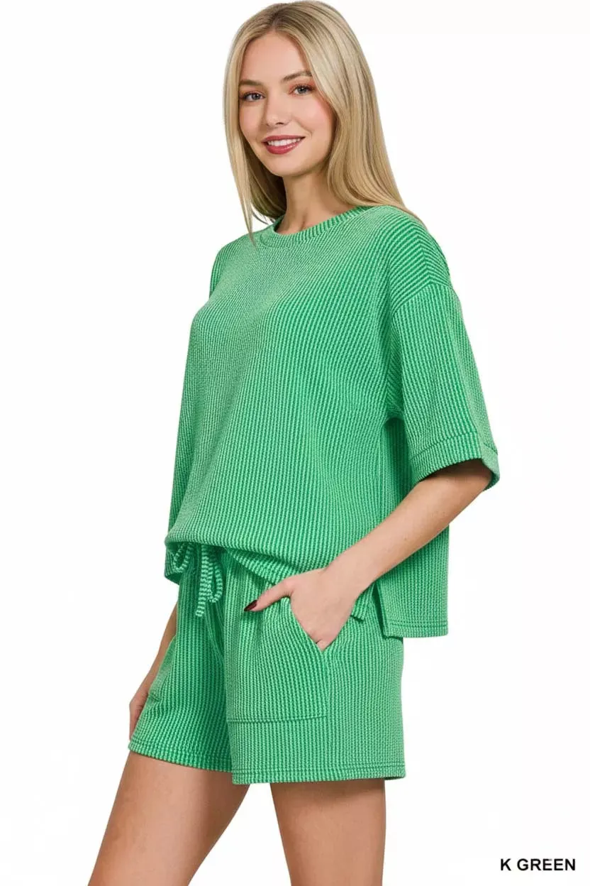 Zenana Raised Rib Short Sleeve Tee and Drawstring Shorts Set sold by The Dogwood Boutique product image thumbnail 2