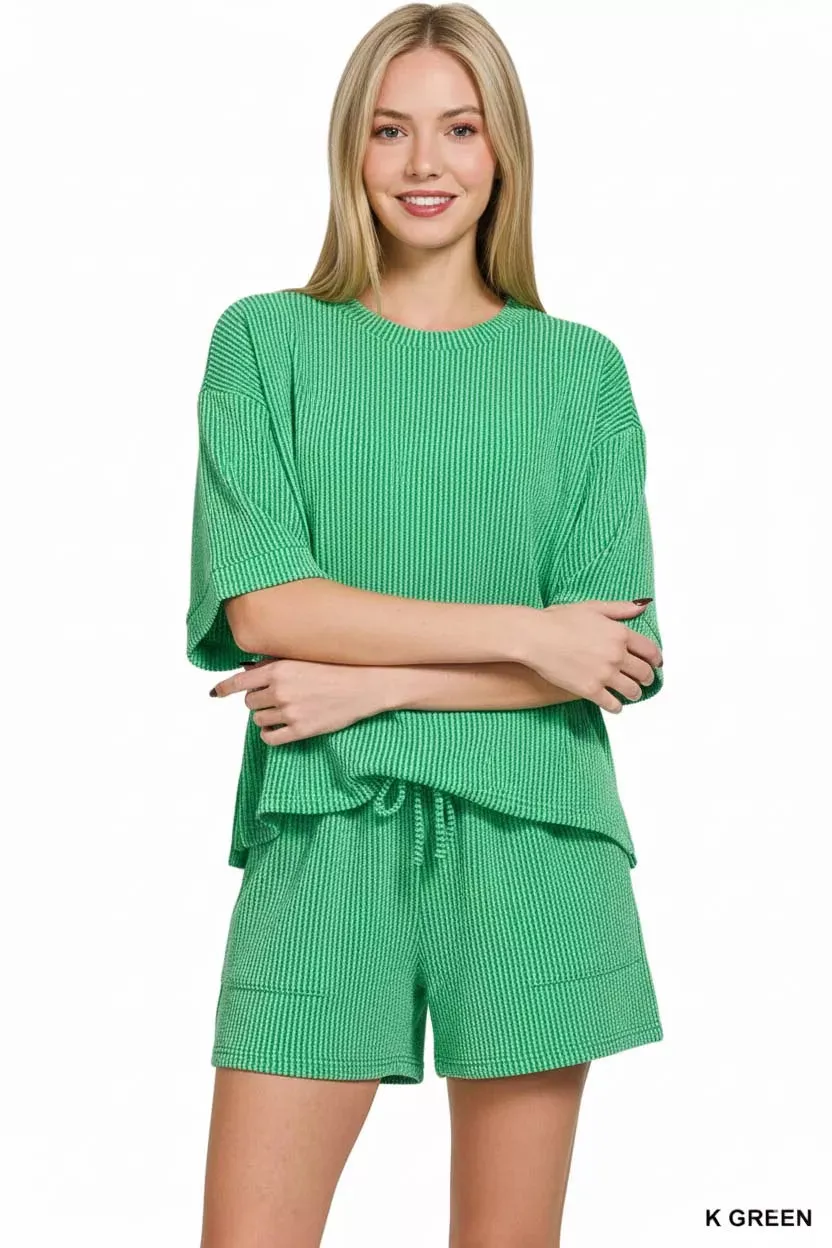 Zenana Raised Rib Short Sleeve Tee and Drawstring Shorts Set sold by The Dogwood Boutique product image thumbnail 3
