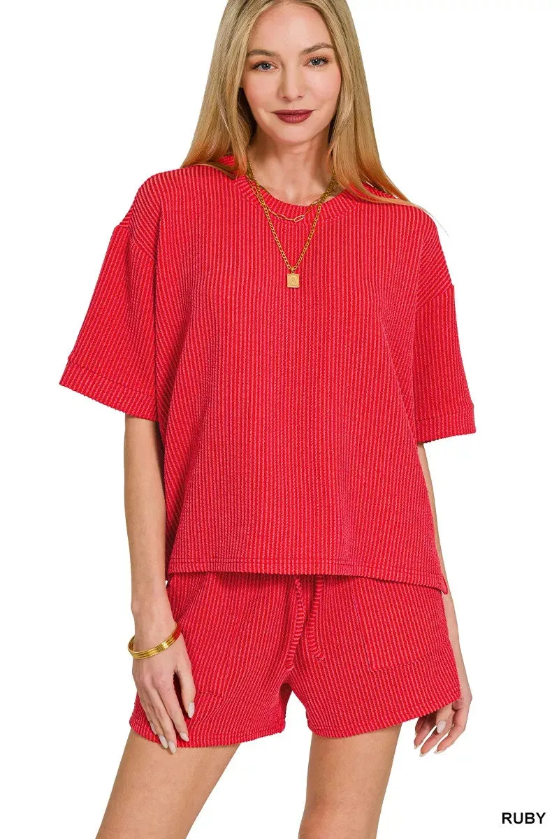 Zenana Raised Rib Short Sleeve Tee and Drawstring Shorts Set sold by The Dogwood Boutique