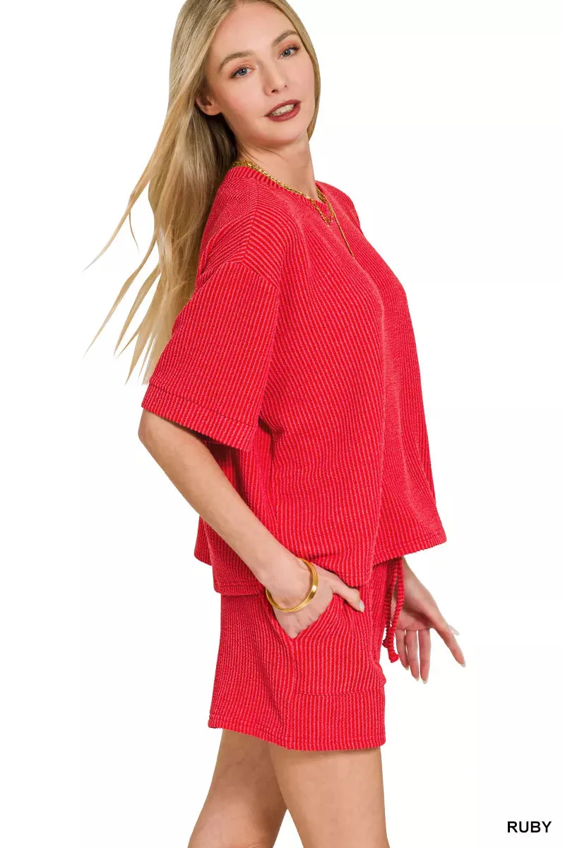 Zenana Raised Rib Short Sleeve Tee and Drawstring Shorts Set sold by The Dogwood Boutique product image thumbnail 2