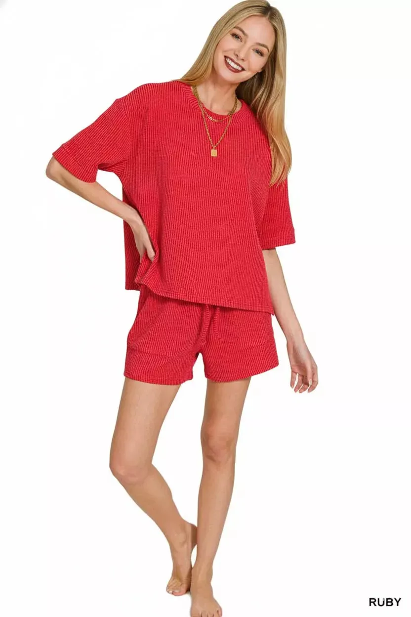 Zenana Raised Rib Short Sleeve Tee and Drawstring Shorts Set sold by The Dogwood Boutique product image thumbnail 3
