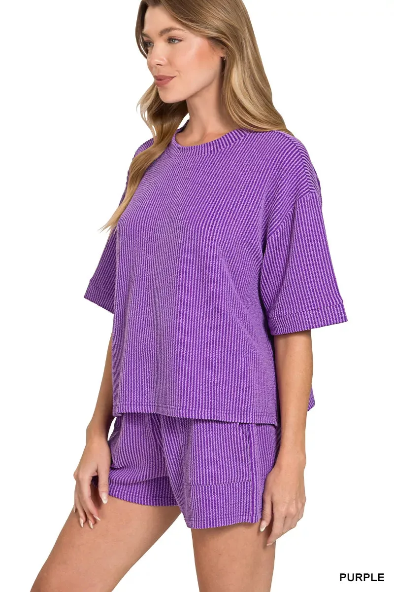 Zenana Raised Rib Short Sleeve Tee and Drawstring Shorts Set sold by The Dogwood Boutique product image thumbnail 2