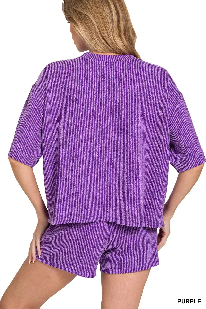 Zenana Raised Rib Short Sleeve Tee and Drawstring Shorts Set sold by The Dogwood Boutique product image thumbnail 3