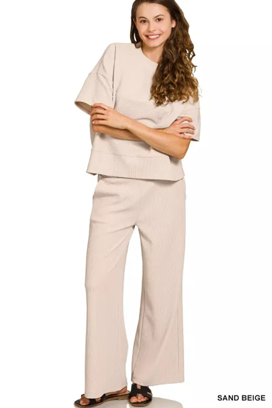 Zenana Ribbed Round Neck Tee & Pants Set made by Trendsi
