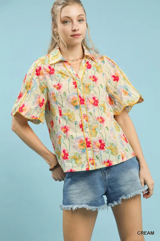 Umgee Floral Print Button-Down Blouse with Flutter Sleeves sold by The Dogwood Boutique