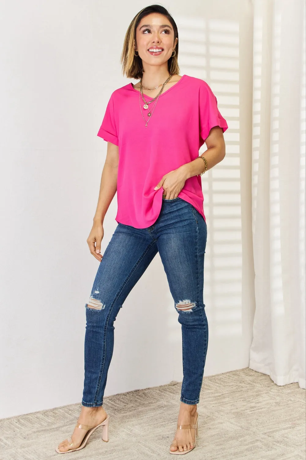 Zenana V-Neck Rolled Short Sleeve T-Shirt sold by The Dogwood Boutique product image thumbnail 5