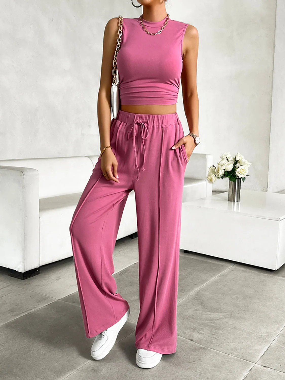 Mock Neck Sleeveless Top and Drawstring Pants Set sold by The Dogwood Boutique