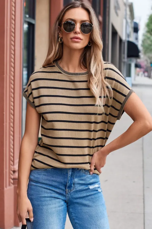 Striped Round Neck Cap Sleeve Knit Top sold by The Dogwood Boutique